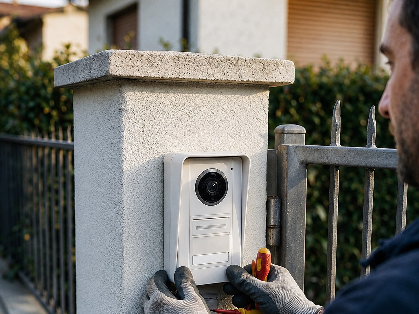Installazione di un posto esterno videocitofonico sul pilastro di un cancello