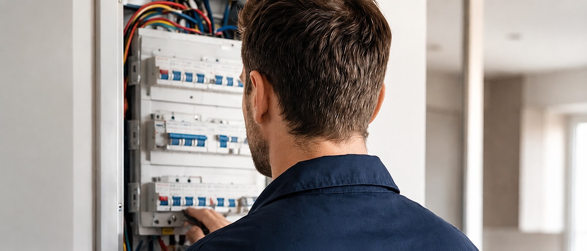 Tecnico SERVIZIO24H al lavoro su un quadro elettrico in un appartamento