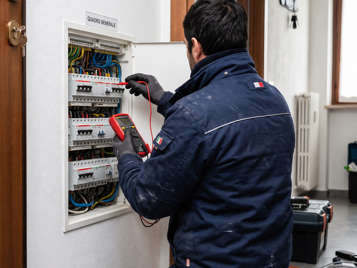 Elettricista al lavoro su un quadro generale in un ingresso domestico