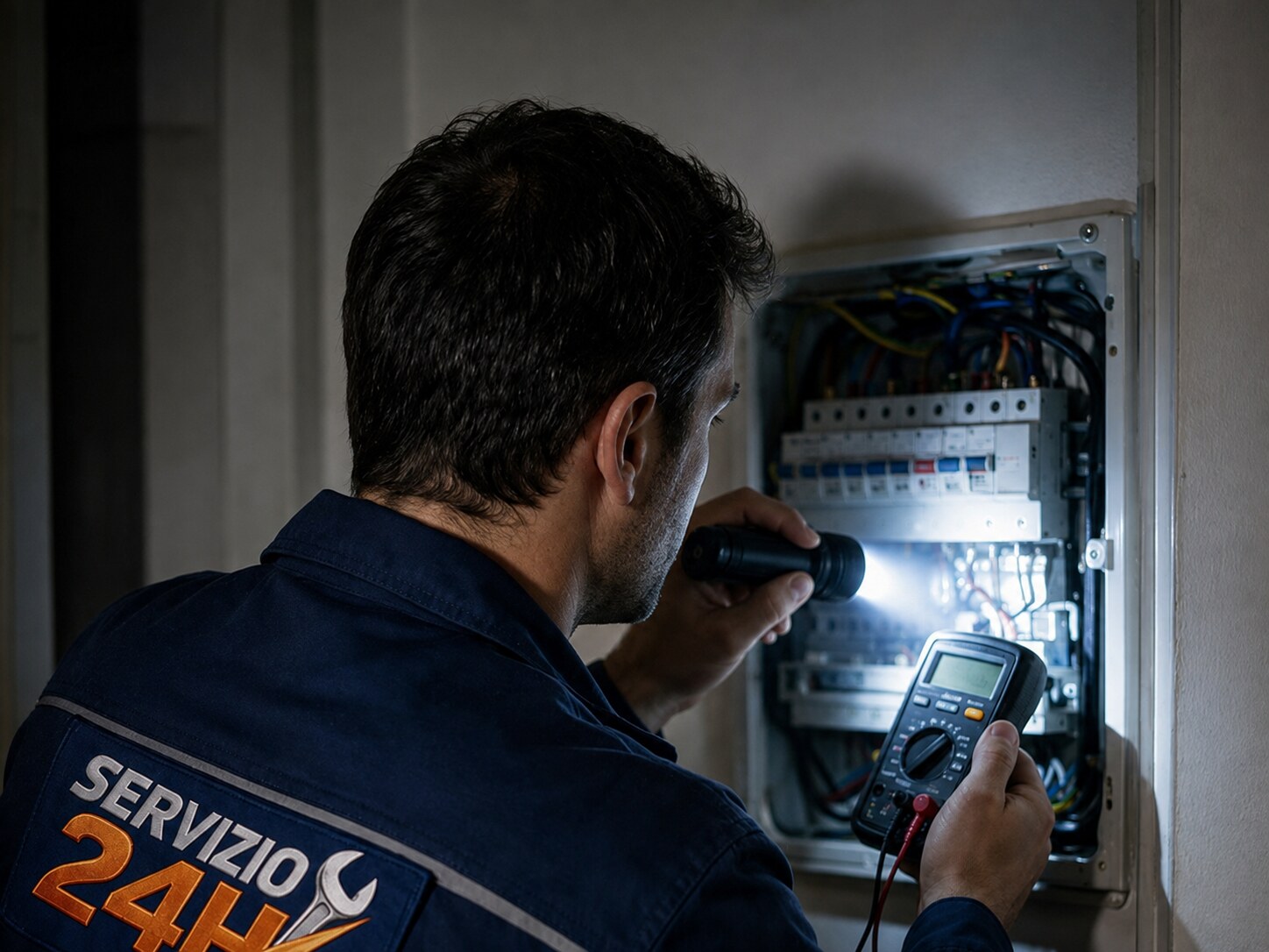 Tecnico SERVIZIO24H con torcia e multimetro su un quadro elettrico durante un intervento notturno